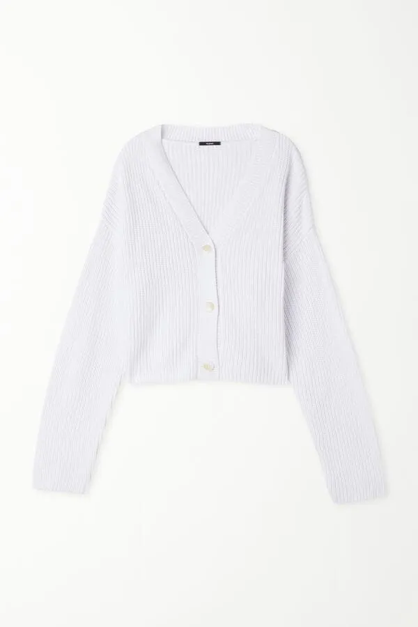 Cardigan Corto Manica Lunga con Bottoni a Coste