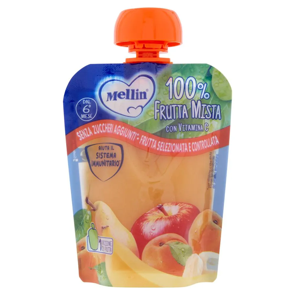 MELLIN Merenda di Frutta 100% Frutta Mista con Mela, Pera, Banana, Albicocca Pouch 90 g