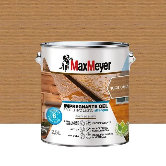Impregnante per legno da esterno a base acqua MAXMEYER Gel noce chiaro opaco 2.5 lt, 8 anni di protezione.