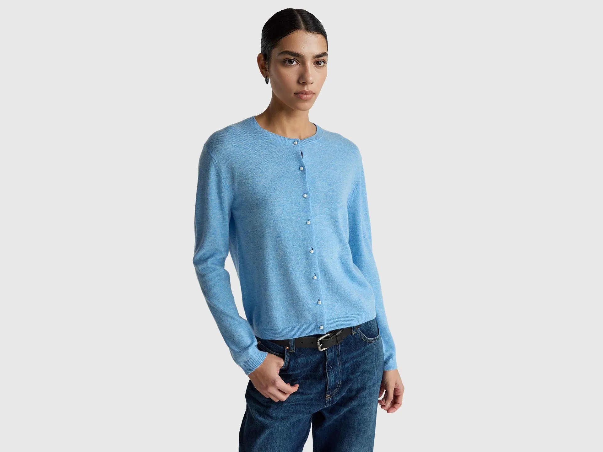 Cardigan azzurro in pura lana Merino