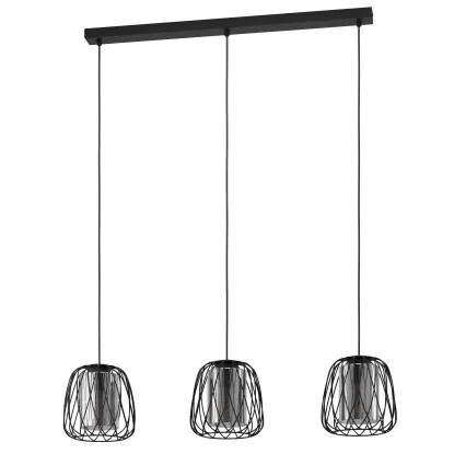 Lampadario a sospensione Floresta 3 luci E27 metallo vetro nero 89x 19 x 110 cm