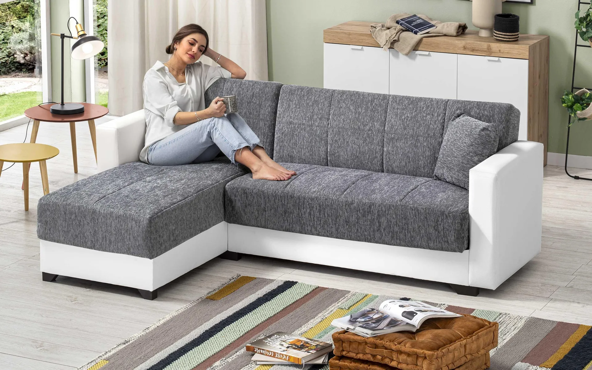 Divano letto angolare con penisola reversibile contenitore - meccanismo clic/clac