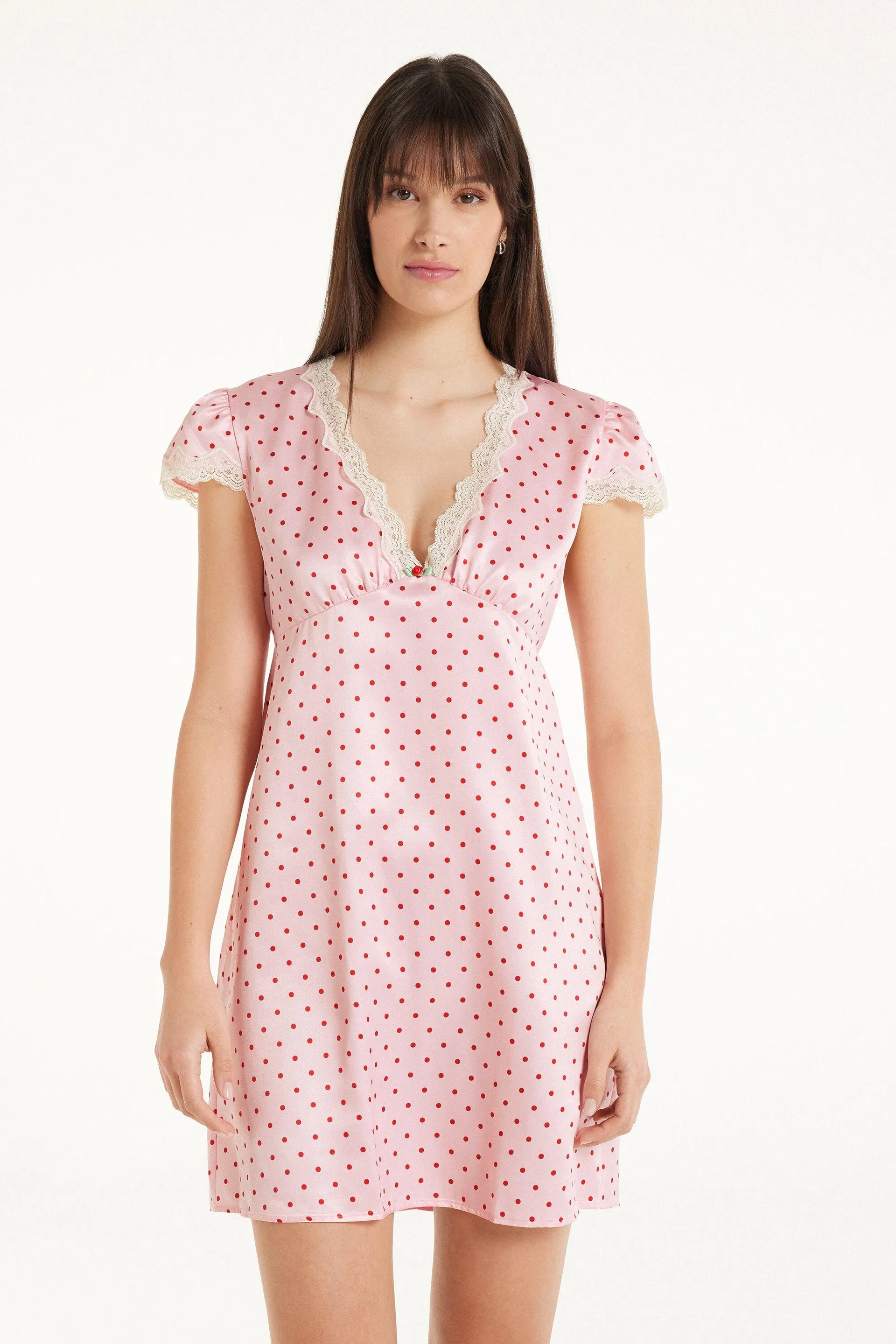 Camicia da Notte Mezza Manica in Raso Pois e Pizzo