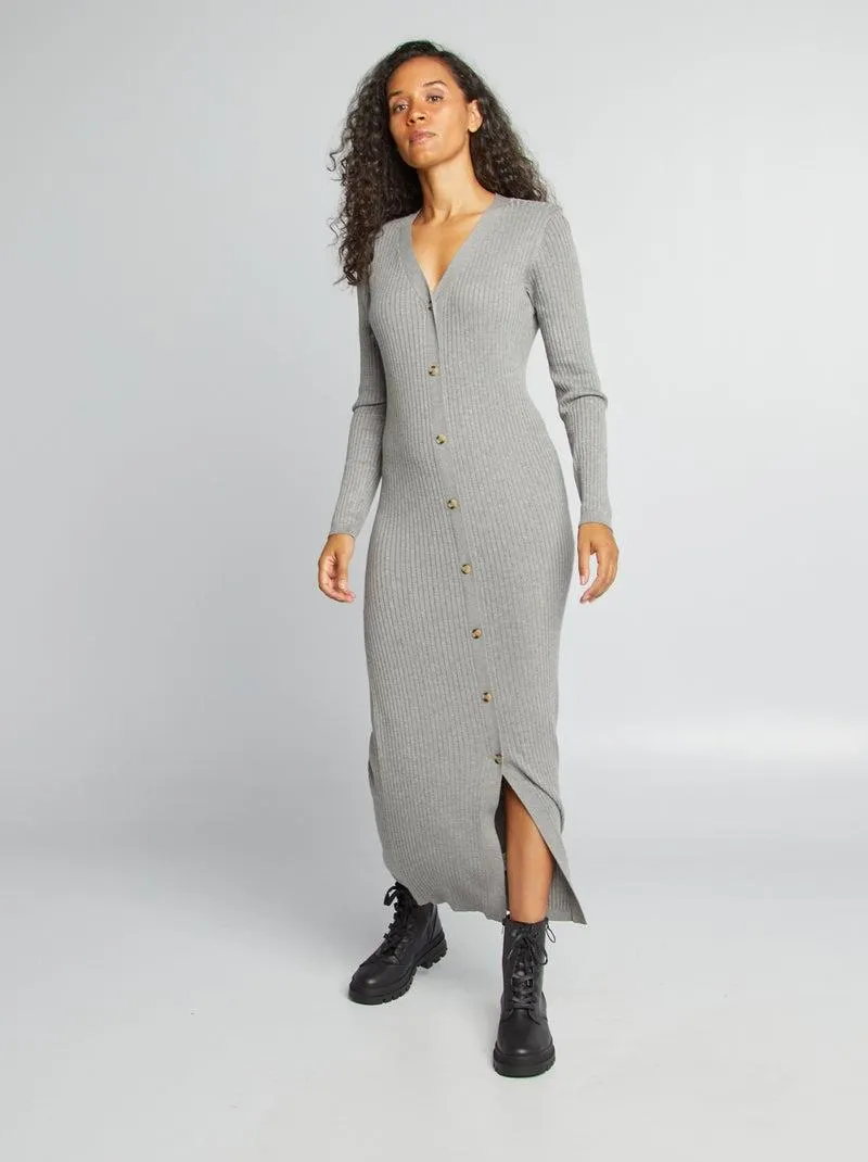 Vestito lungo aderente in a coste - GRIGIO