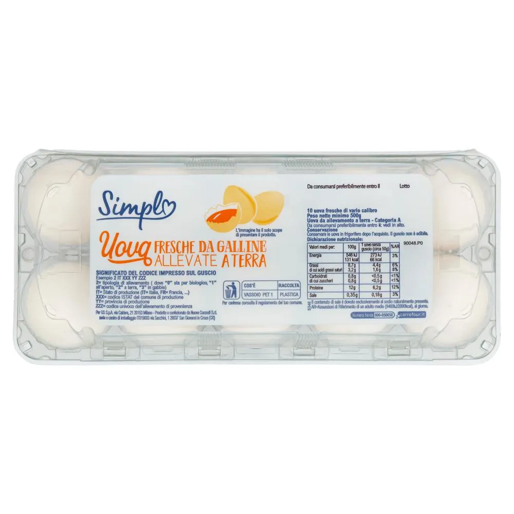 Simpl Uova Fresche da Galline Allevate a Terra 10 uova fresche di vario calibro 500 g