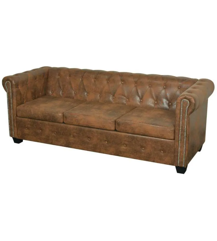 Divano Chersterfield a 3 Posti in Pelle Artificiale Marrone