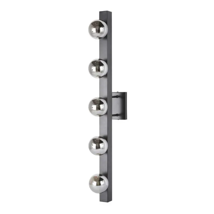Applique in metallo nero opaco con 5 globi in vetro fumé
