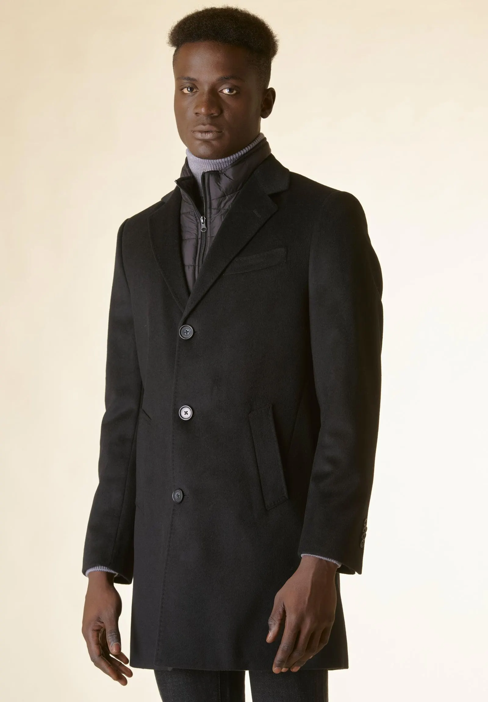 Cappotto nero lana-cashmere pettorina staccabile