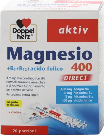 Magnesio 400 +B6+B12+acido folico DIRECT aktiv, 20 pz