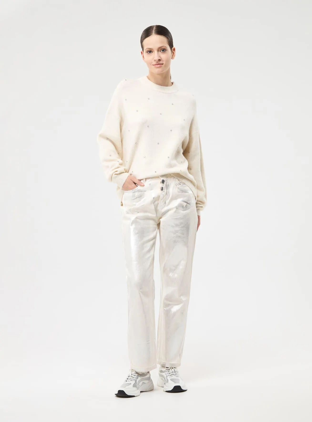 Maglia ampia con strass Avorio