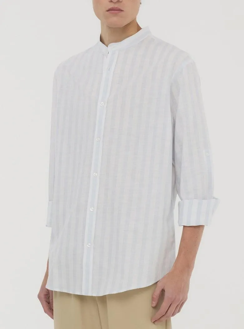 Camicia coreana a righe in misto lino Var celeste