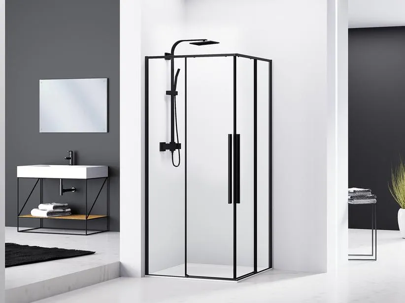 Box Doccia Angolare Feng shui 70x90 H200 Porte Scorrevoli Cristallo 6 mm Trasparente Nero opaco
