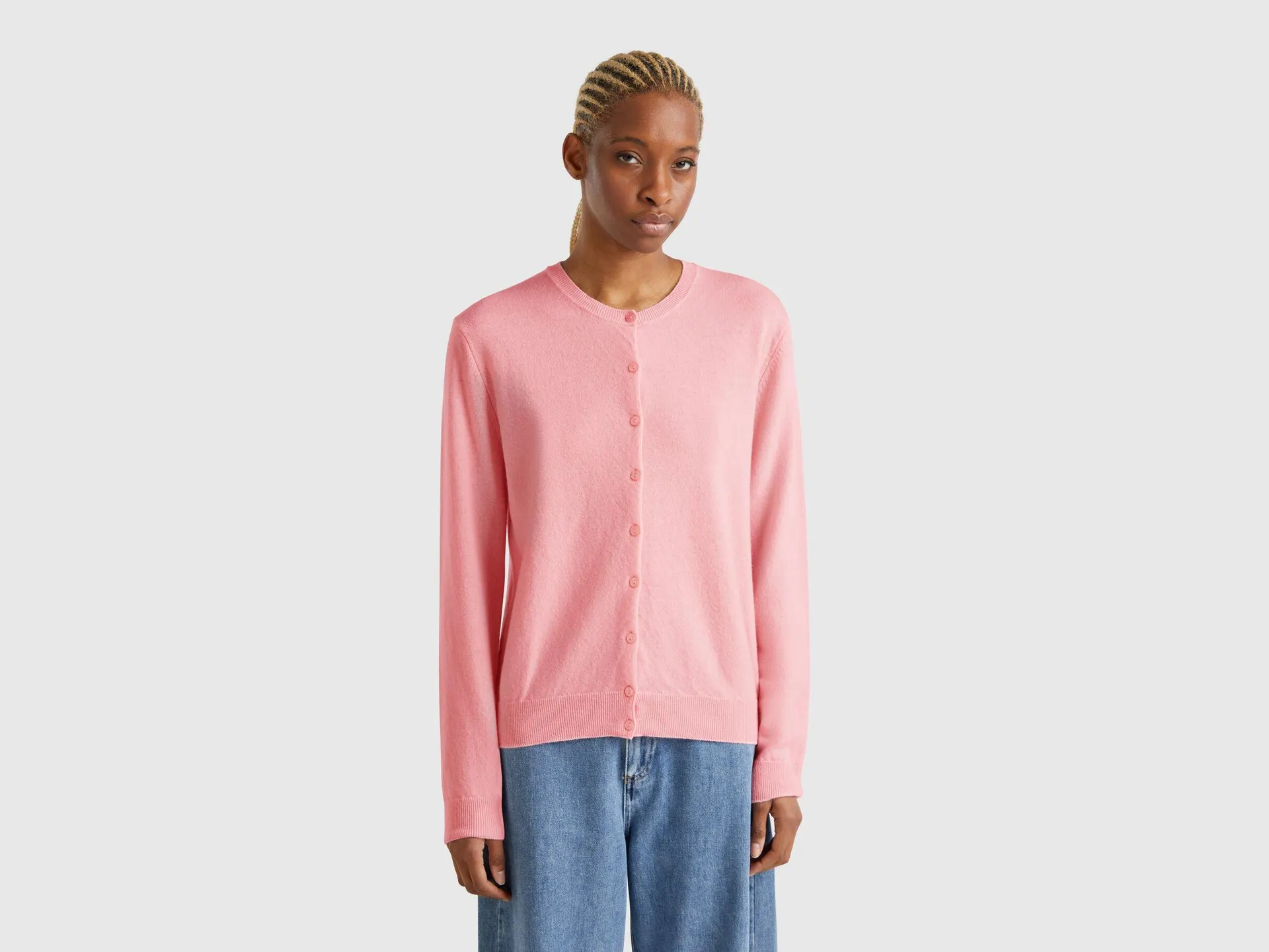 Cardigan girocollo rosa cipria in pura lana Merino