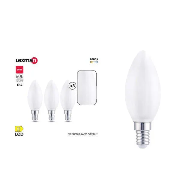 lampadine E14, oliva, opaco, luce naturale, 5.9W=806LM (equiv 60 W), 330° , LEXMAN