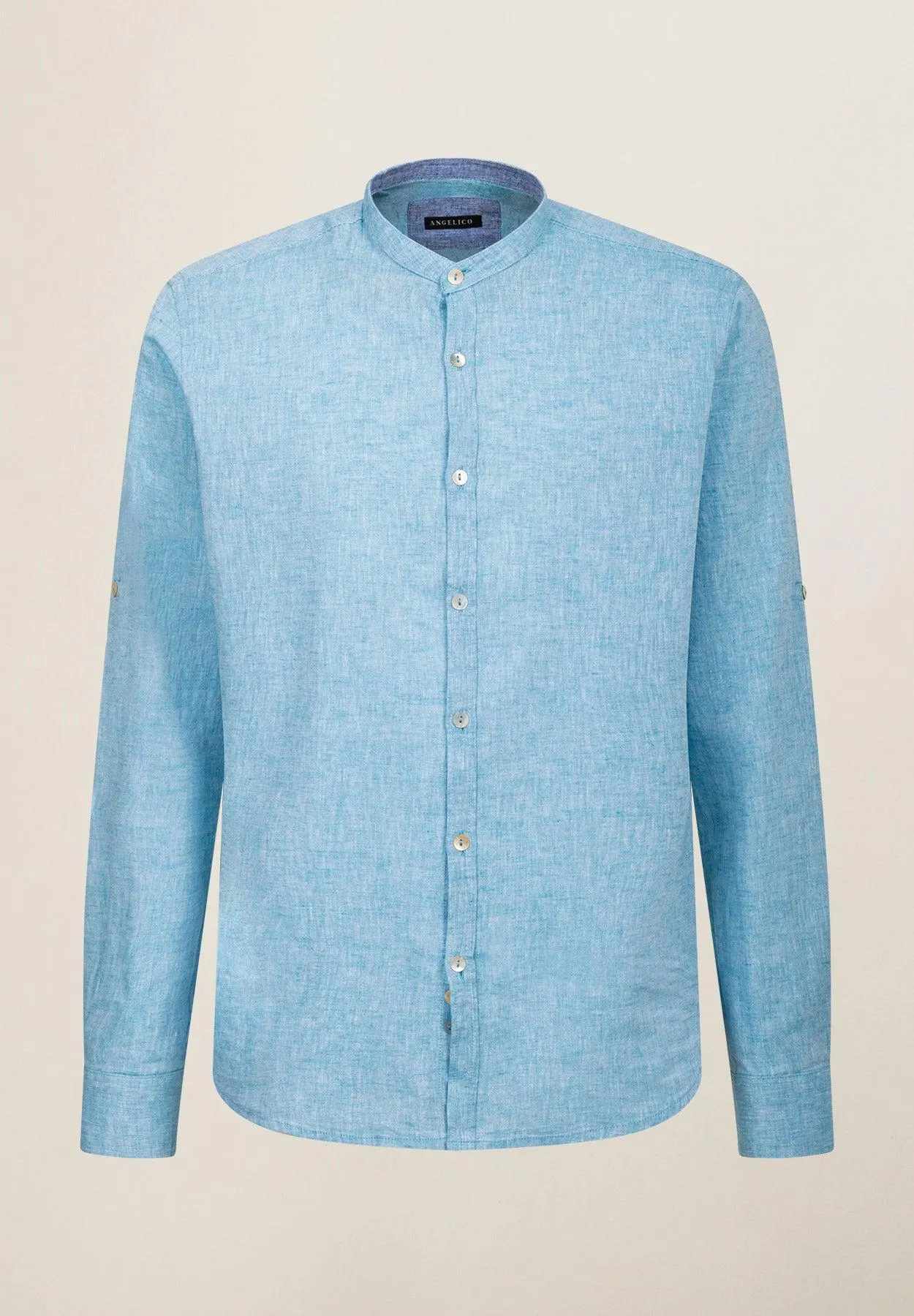 Camicia turchese collo coreano cotone-lino slim fit