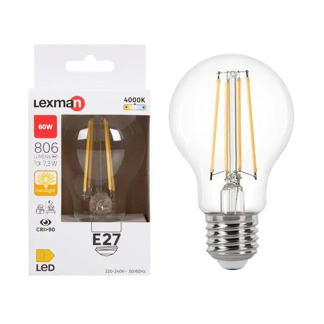Lampadina LED, E27 goccia, trasparente, luce naturale, 7.3W= 806 LM (equiv 60 W), 330°, LEXMAN
