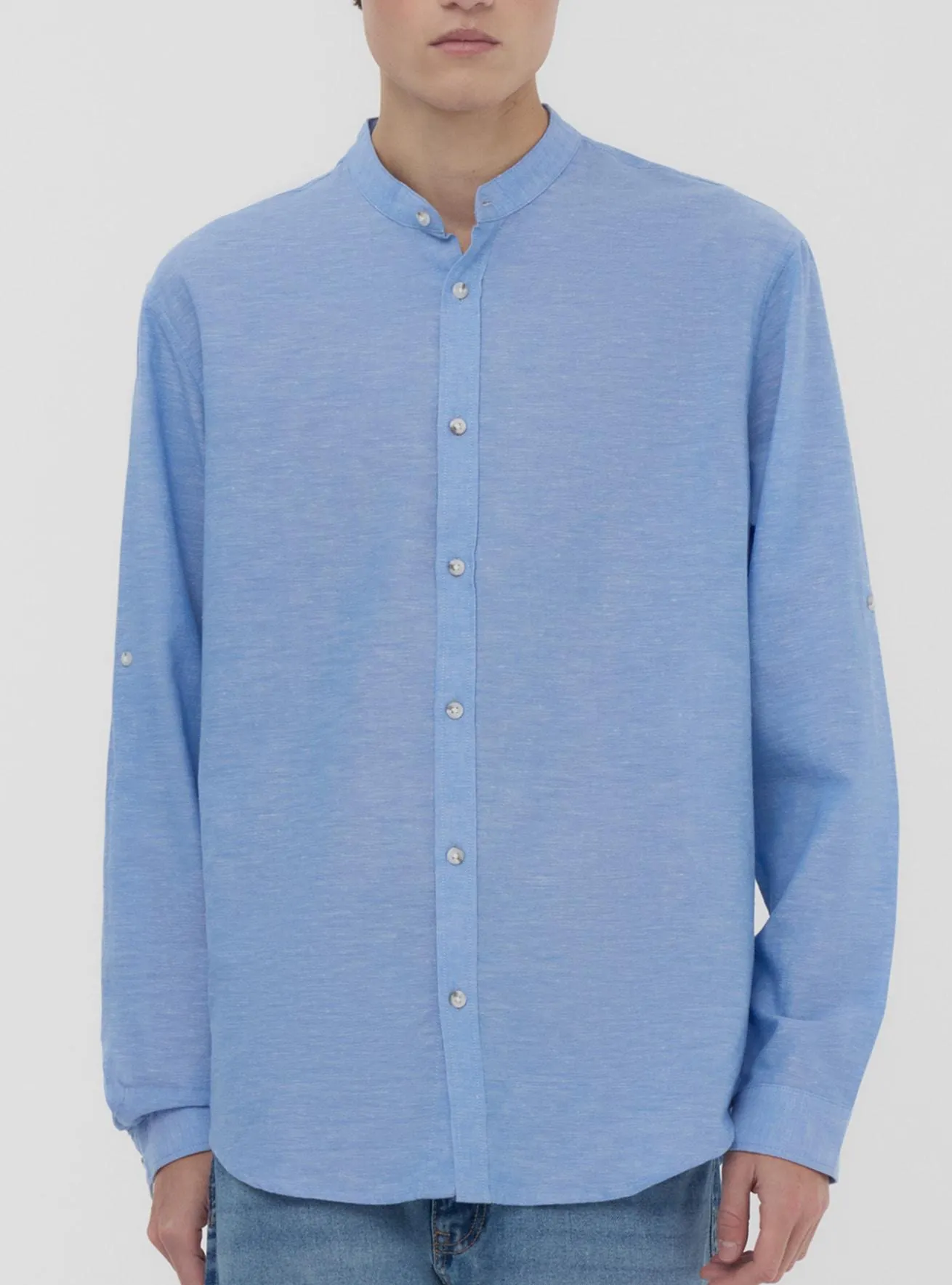 Camicia coreana melange in misto lino Azzurro melange