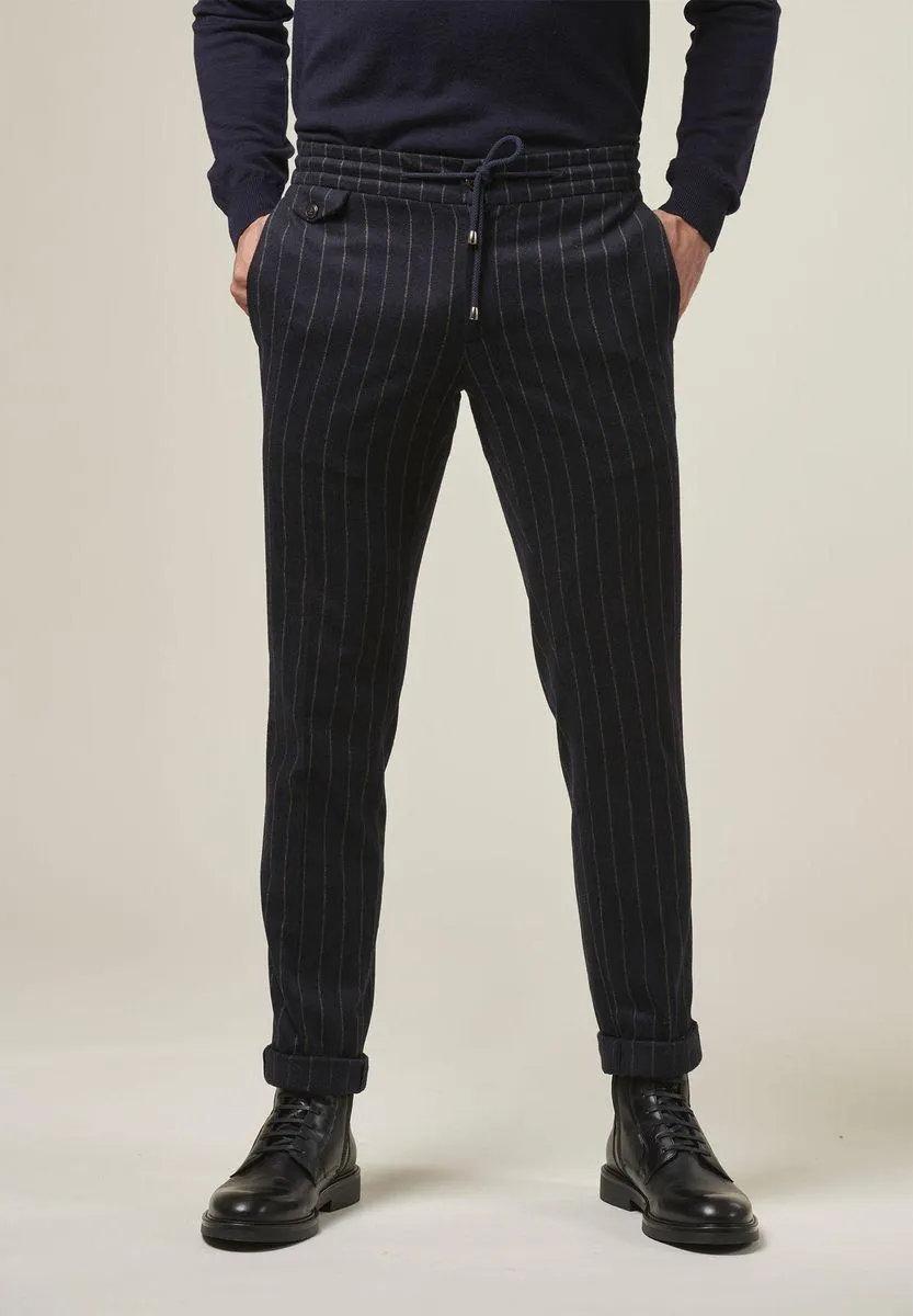 Pantalone blu gessato lana coulisse slim