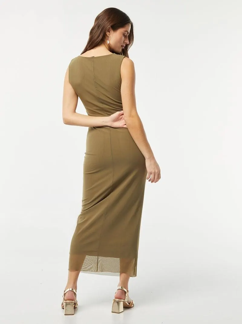 Vestito lungo drappeggiato in mesh - KAKI