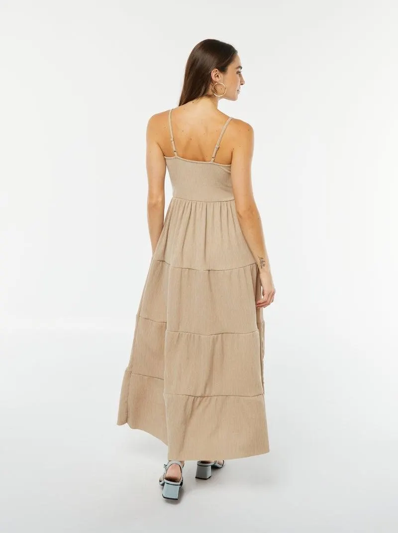 Vestito lungo con balze e spalline sottili - Beige