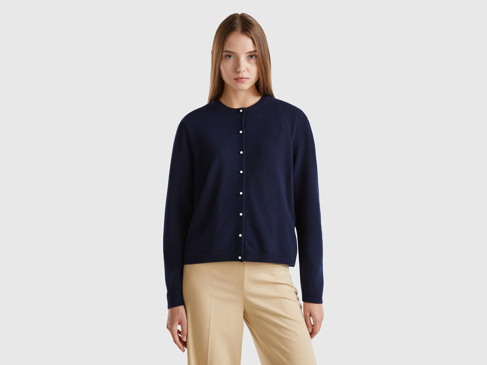 Cardigan blu scuro in pura lana Merino