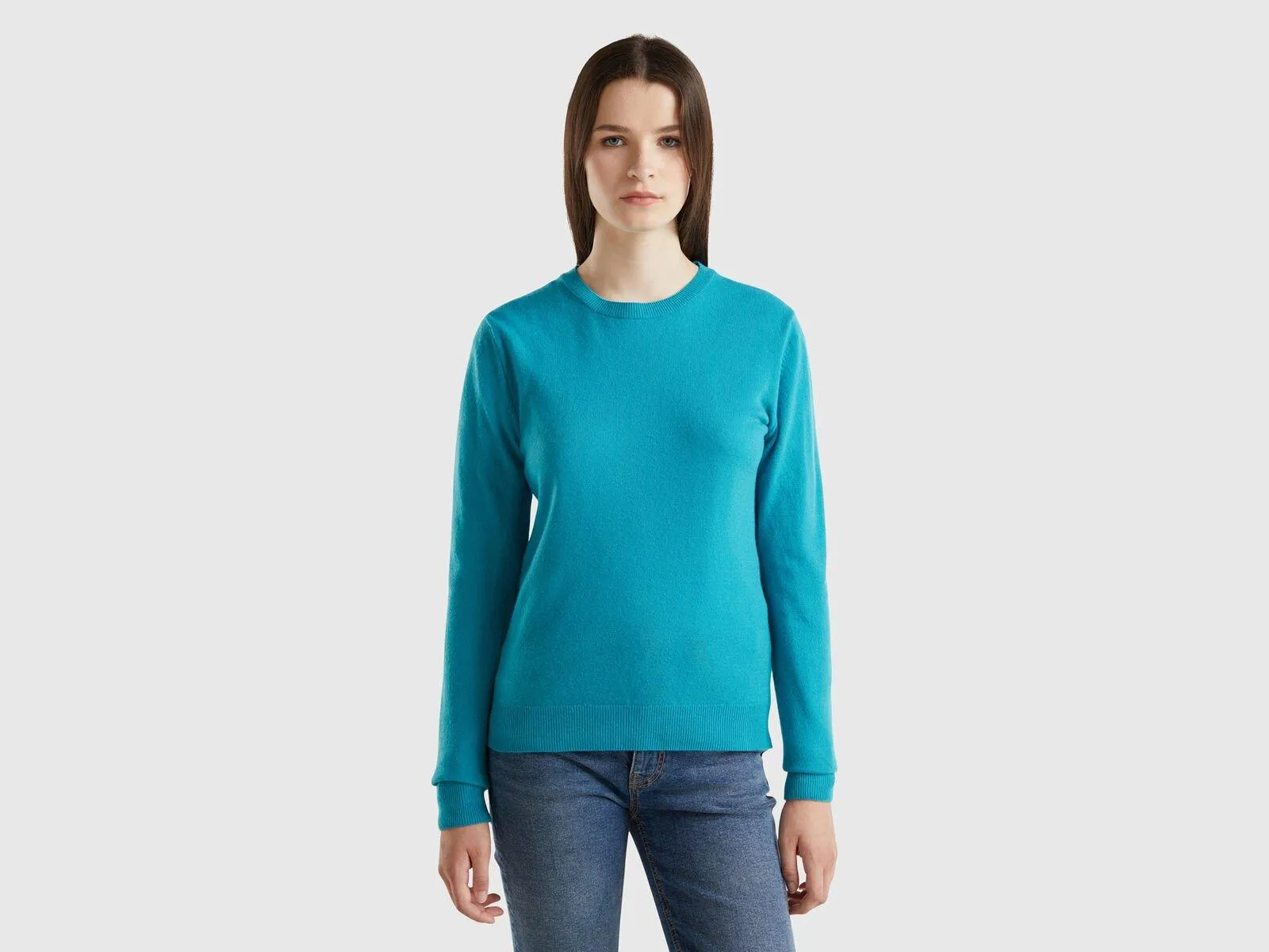 Maglia girocollo turchese in pura lana Merino