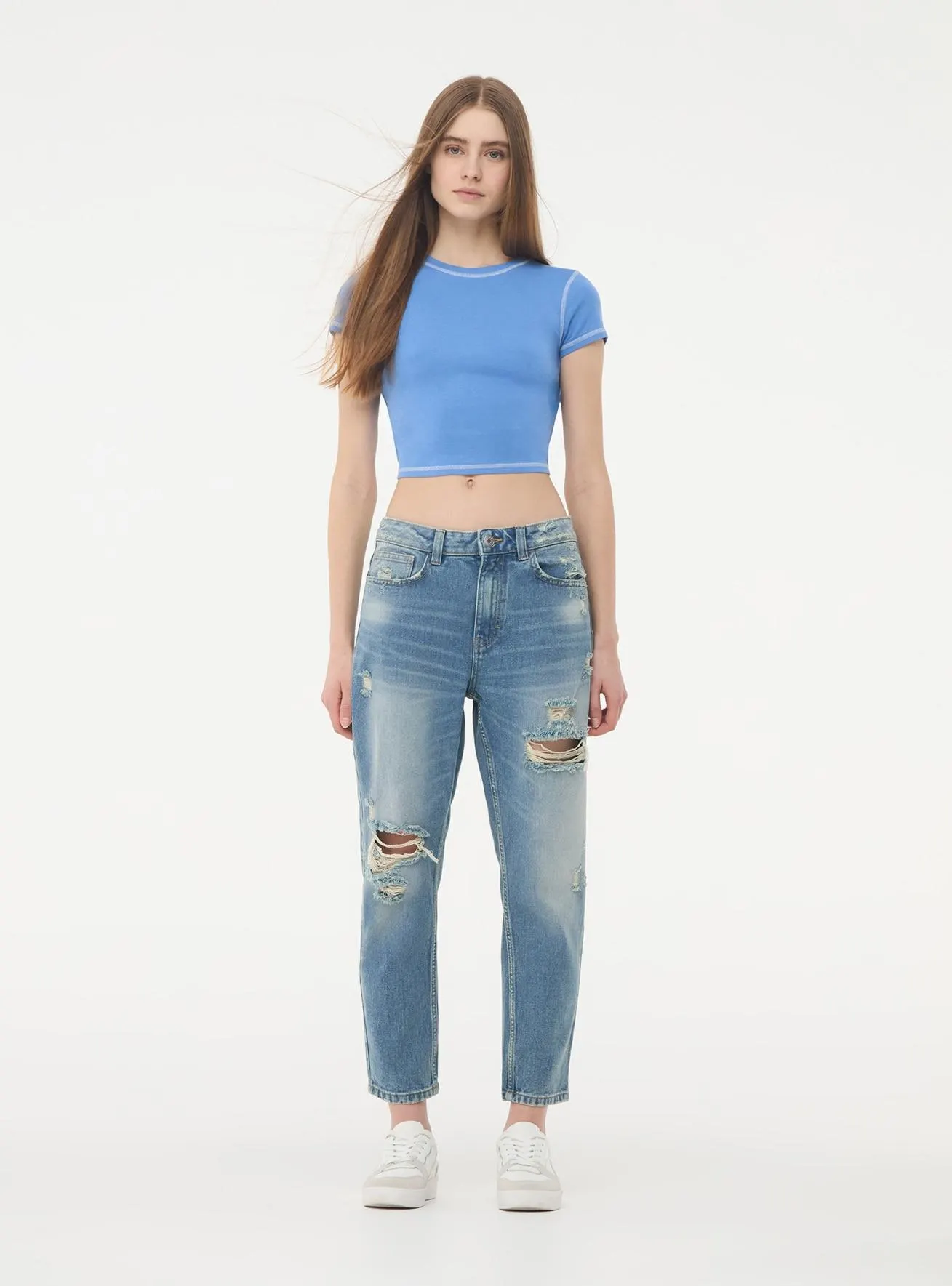 Jeans mom fit con strappi Blu denim medio