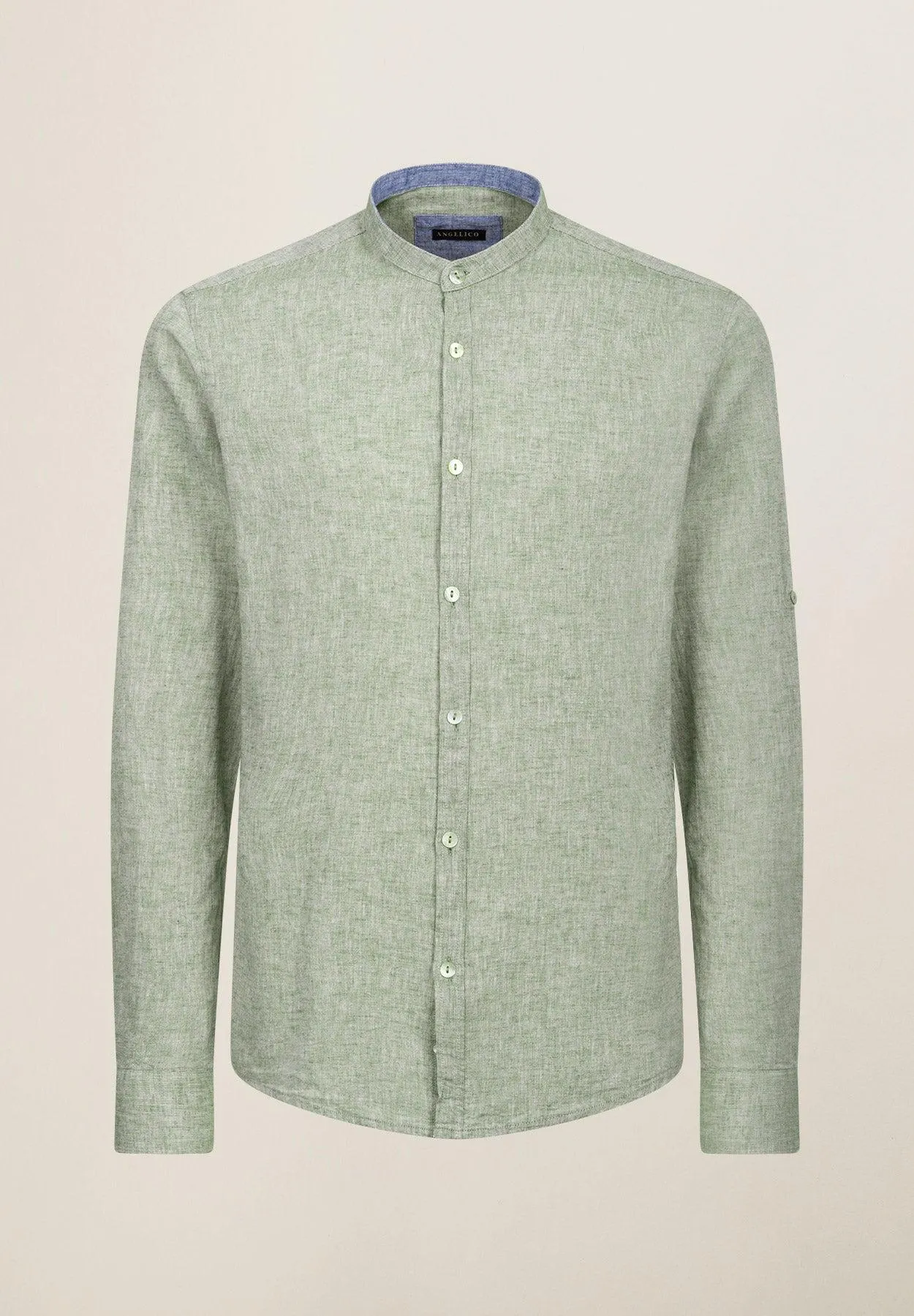 Camicia verde collo coreano cotone-lino slim fit
