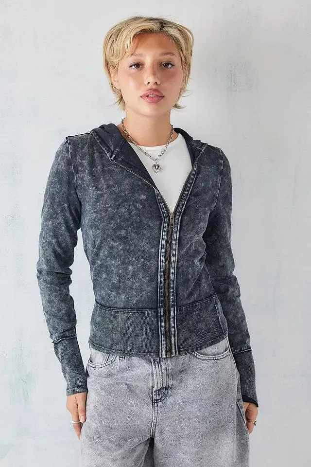 BDG Willow Felpa con cappuccio asimmetrica con zip e lavaggio acido