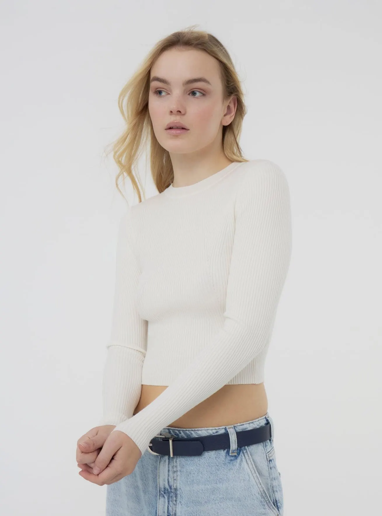 Maglia crop aderente a costine tinta unita Bianco lana