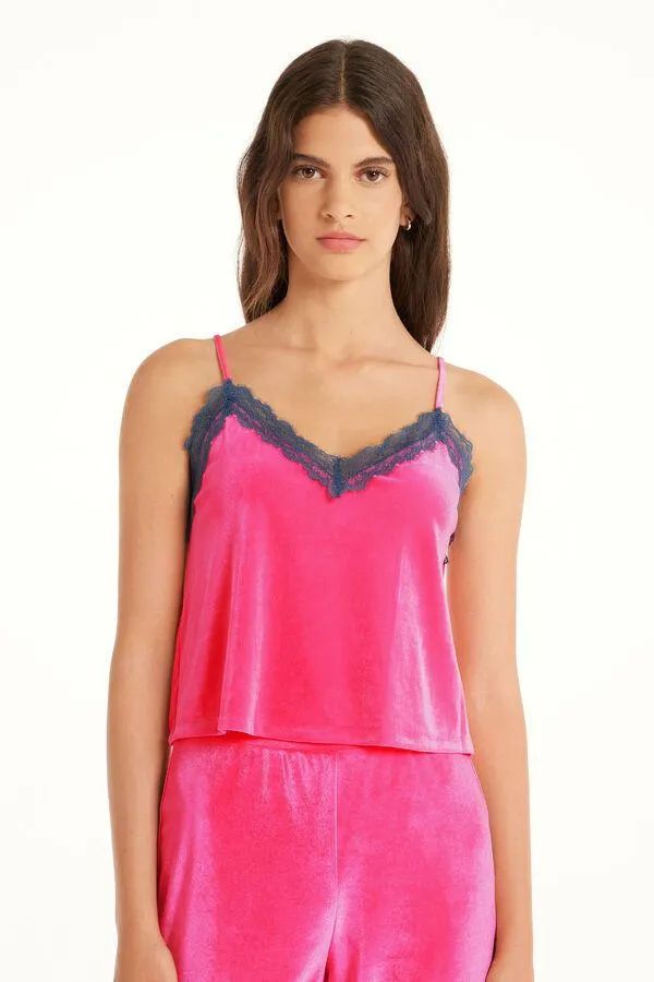 Camiseta de Tirantes Finos de Terciopelo con Encaje