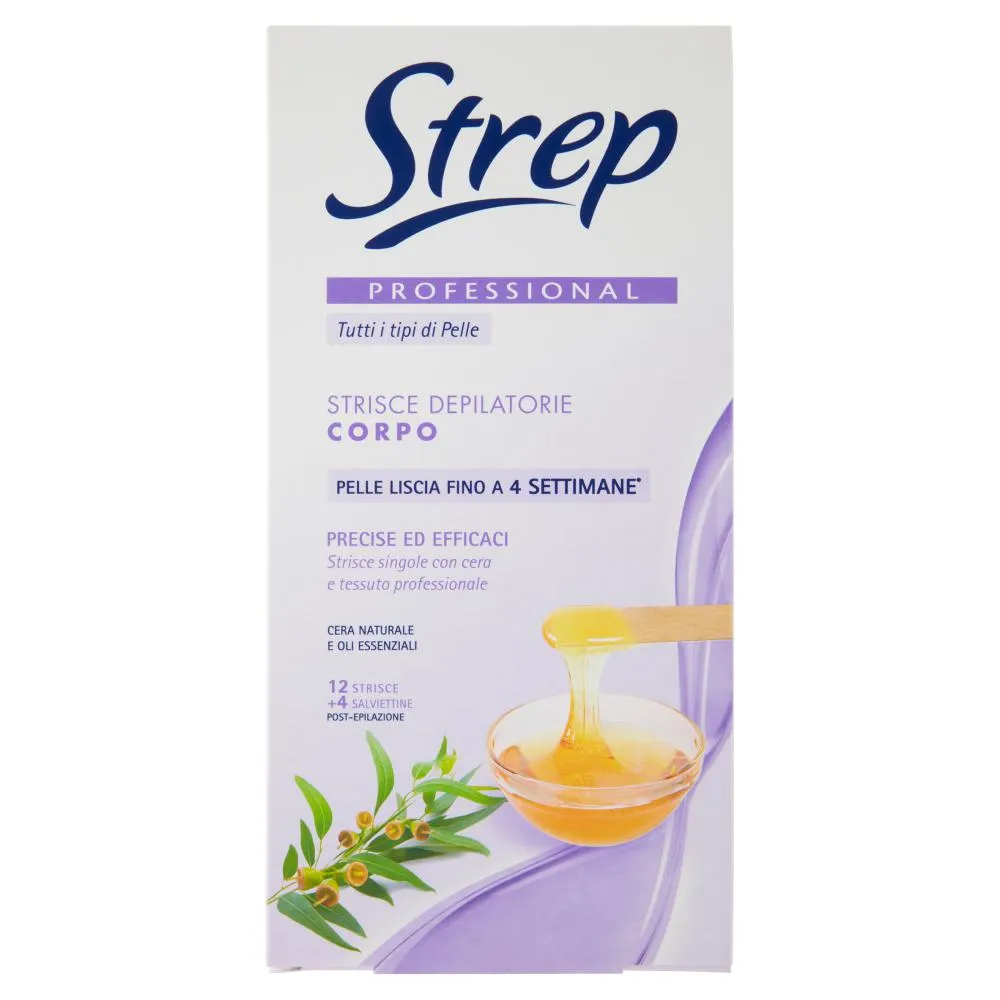 Strep Professional Strisce Depilatorie Corpo 12 Strisce + 4 Salviettine Post-Epilazione