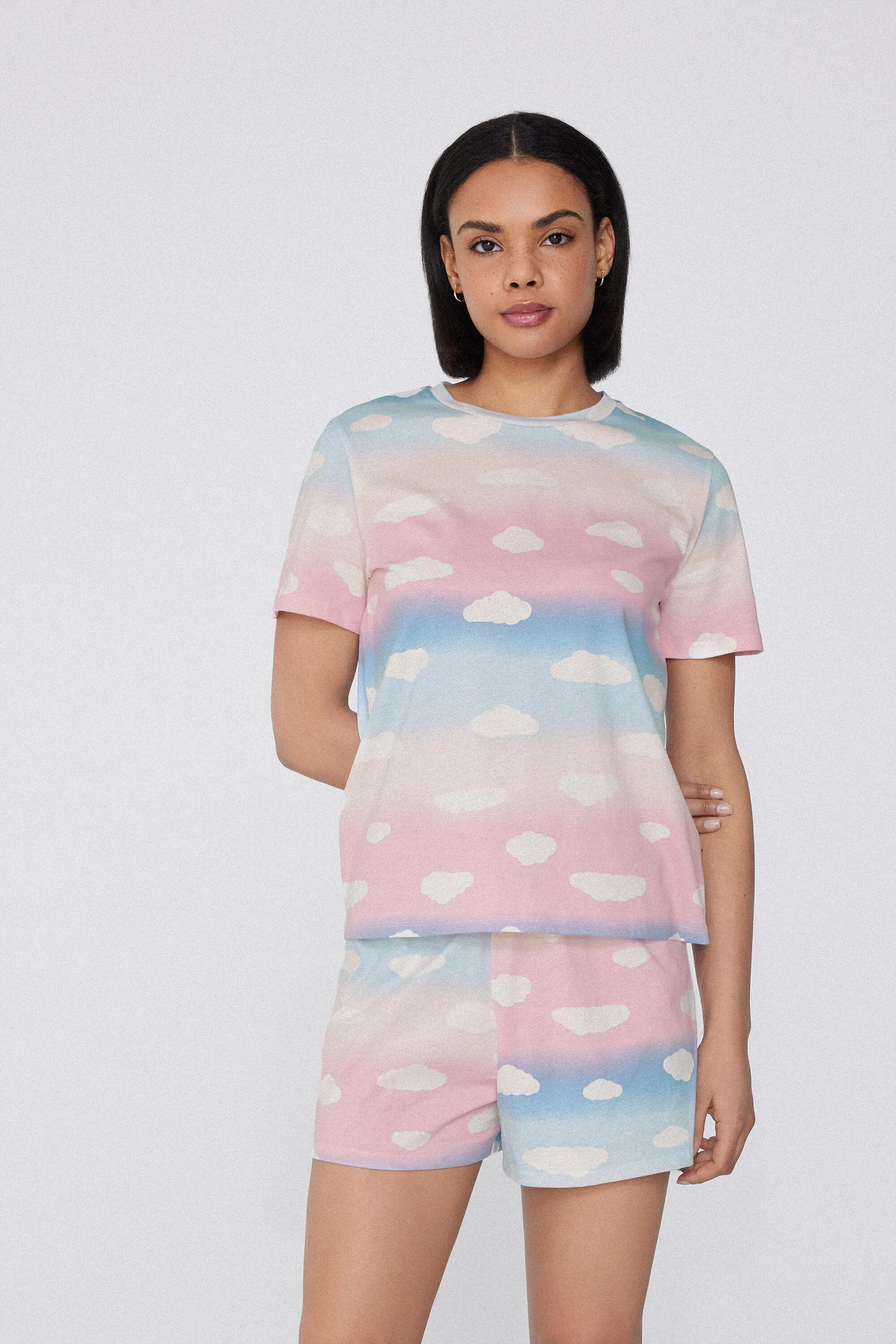 Pigiama Corto Mezza Manica Cotone Stampa Nuvole