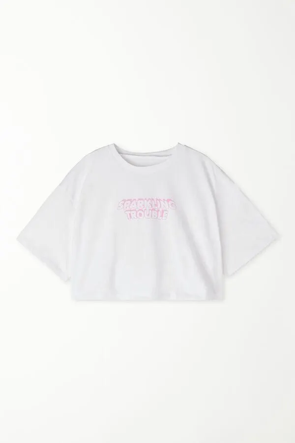 T-Shirt Corta Boxy Girocollo in Cotone