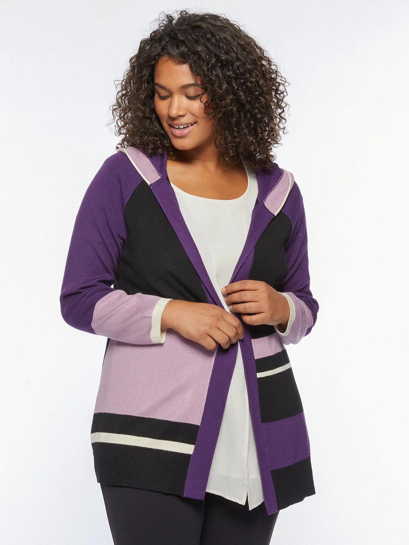 Cardigan colour block con cappuccio