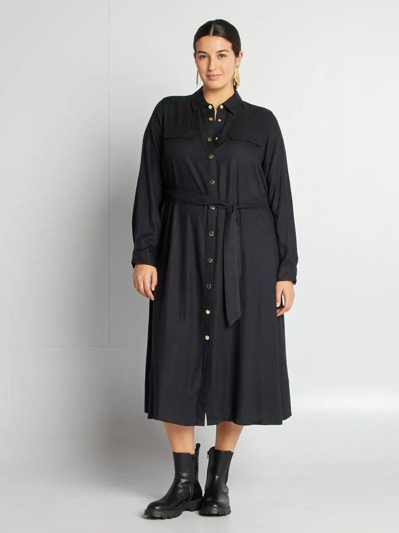 Vestito chemisier effetto satinato vestito chemisier con cintura cintura - nero