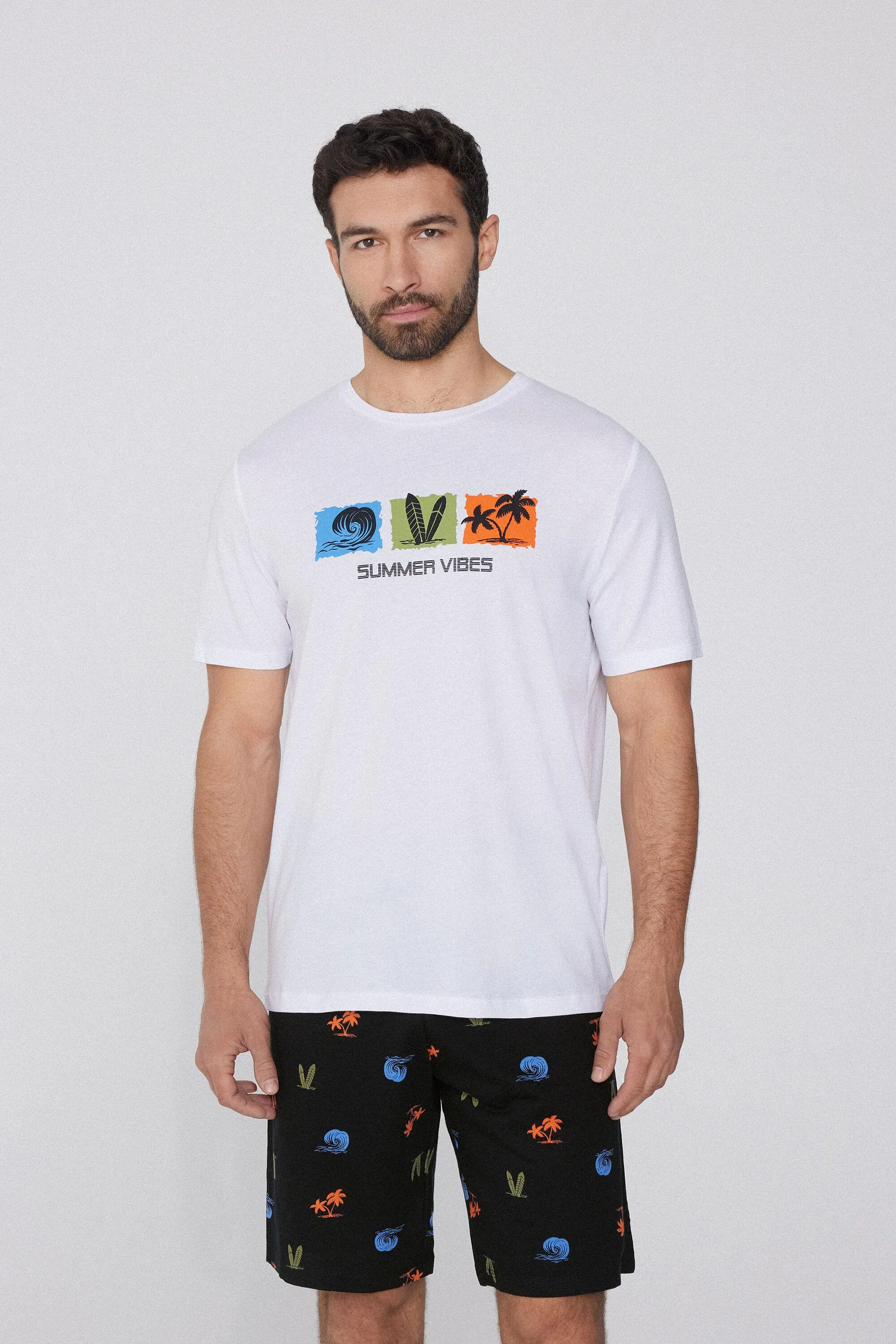 Pigiama Corto in Cotone con Stampa "Summer Vibes"