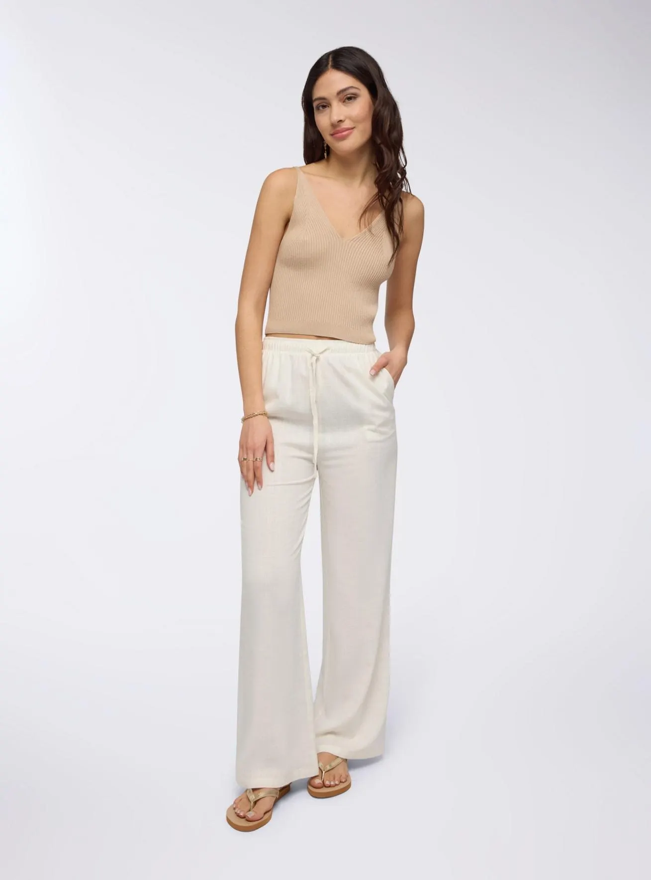 Pantaloni wide leg in misto lino con coulisse Bianco lana
