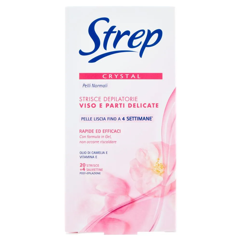 Strep Crystal Strisce Depilatorie Viso e Parti Delicate 20 Strisce + 4 Salviettine Post-Epilazione