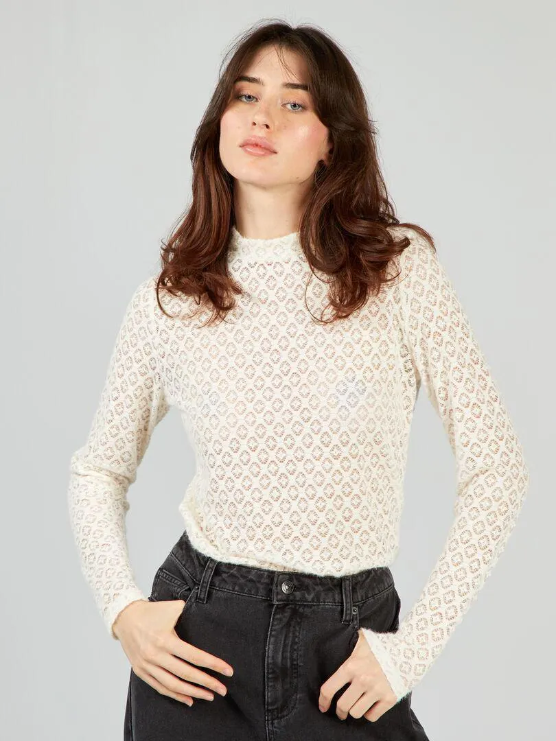 T-shirt in pizzo a maniche lunghe - BIANCO