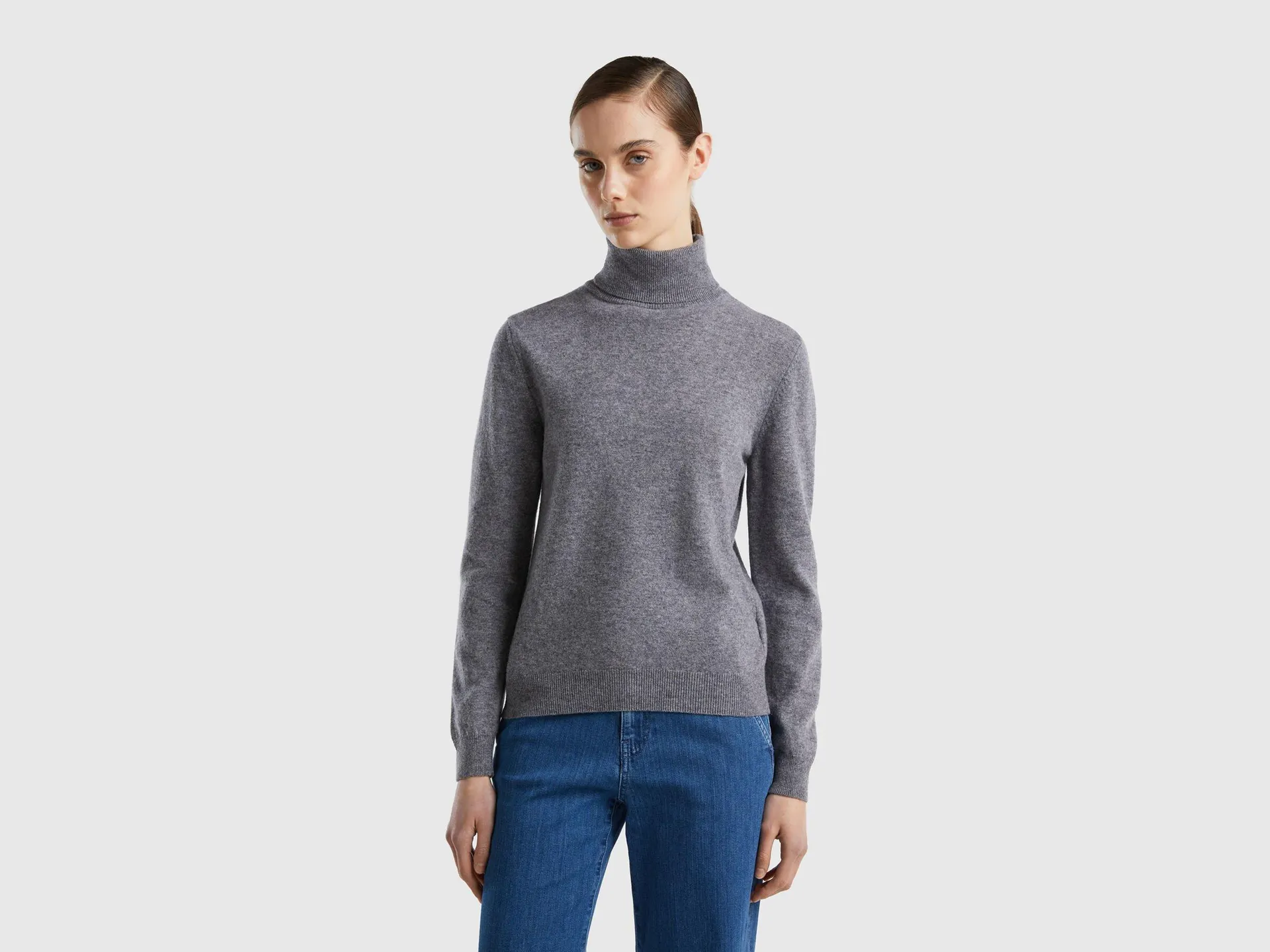 Maglione dolcevita grigio topo in pura lana Merino