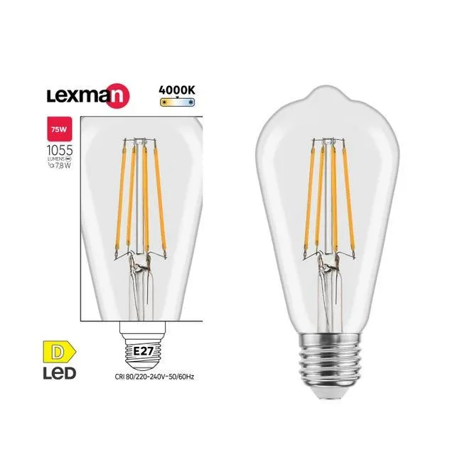 Lampadina LED filamento, E27 bulbo, trasparente, luce naturale, 7.8W= 1055 LM (equiv 75 W), 330°, LEXMAN