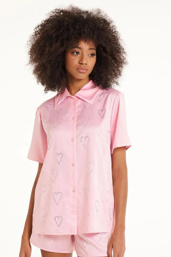 Camicia Mezza Manica in Raso con Cuori Strass