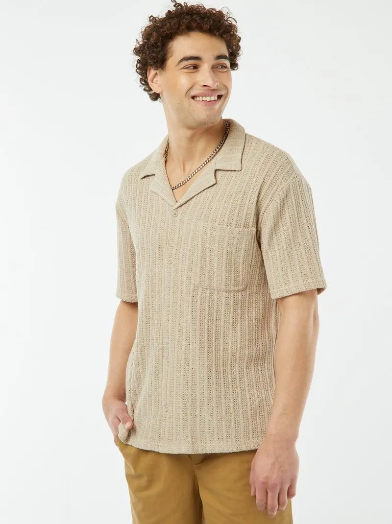 Camicia a maniche corte in tessuto traforato - beige