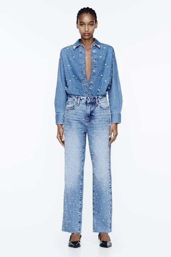 JEANS Z1975 DRITTI A VITA ALTA CON PERLE