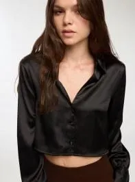 Camicia crop effetto raso Nero