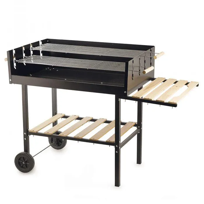 Barbecue nero 118x56xh.92 cm con ruote e ripiani in legno, BestBQ