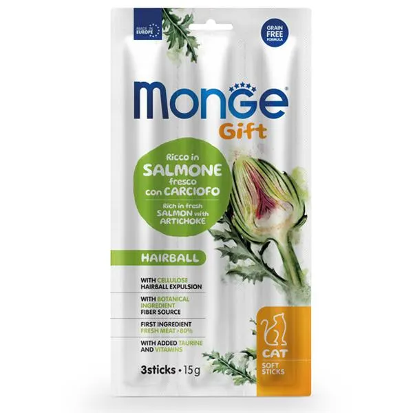 Monge - Snack Gift Adult Soft Sticks Hairball Ricco in Salmone Fresco con Carciofo