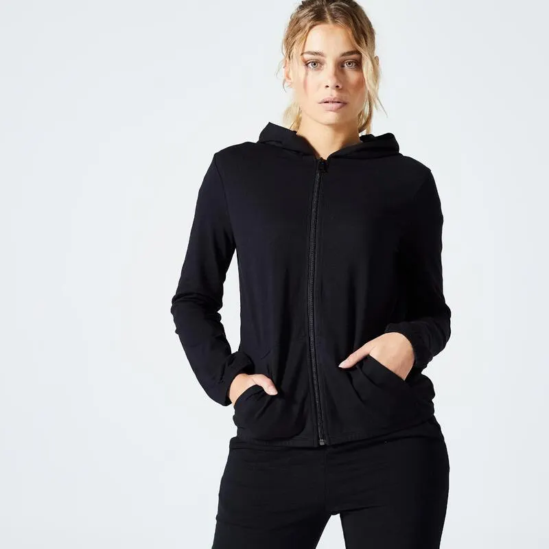 Felpa donna palestra 100 con cappuccio e zip leggera nera