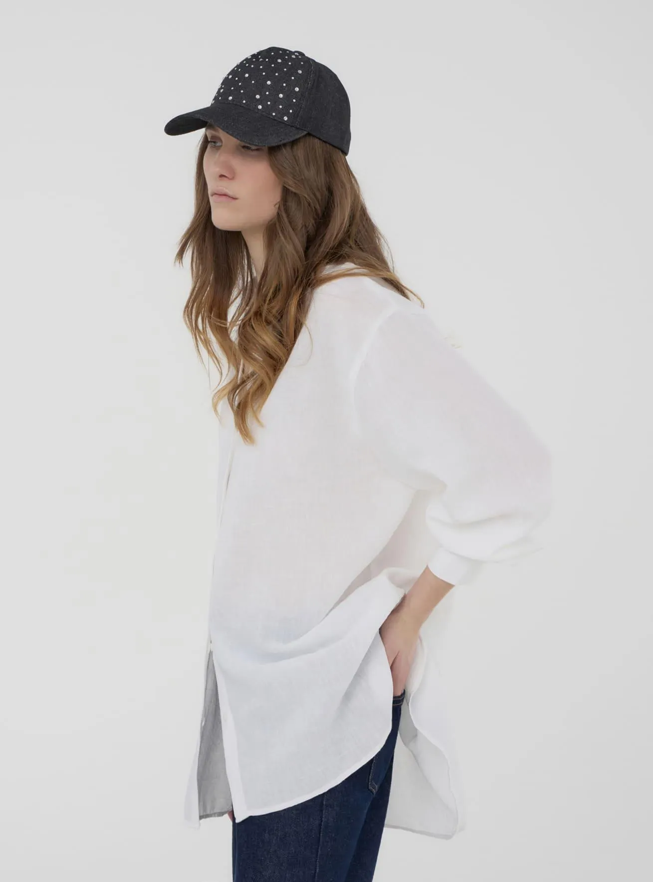 Cappellino baseball in denim con strass Nero